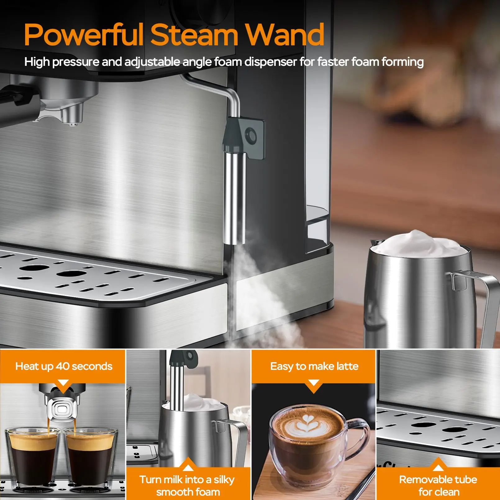 PlumChef Espresso Machine 20 Bar Professional Compact Homehold Coffee Espresso Maker with Milk Frother Steam Wand 54oz Water Tan - Image 5