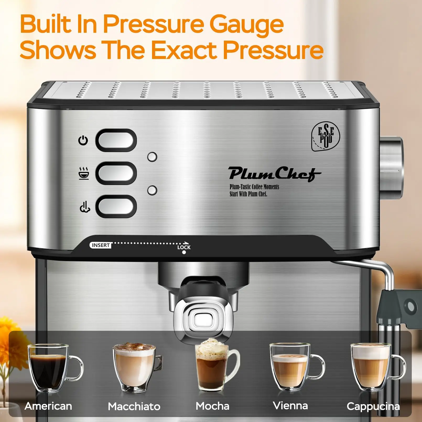PlumChef Espresso Machine 20 Bar Professional Compact Homehold Coffee Espresso Maker with Milk Frother Steam Wand 54oz Water Tan - Image 4