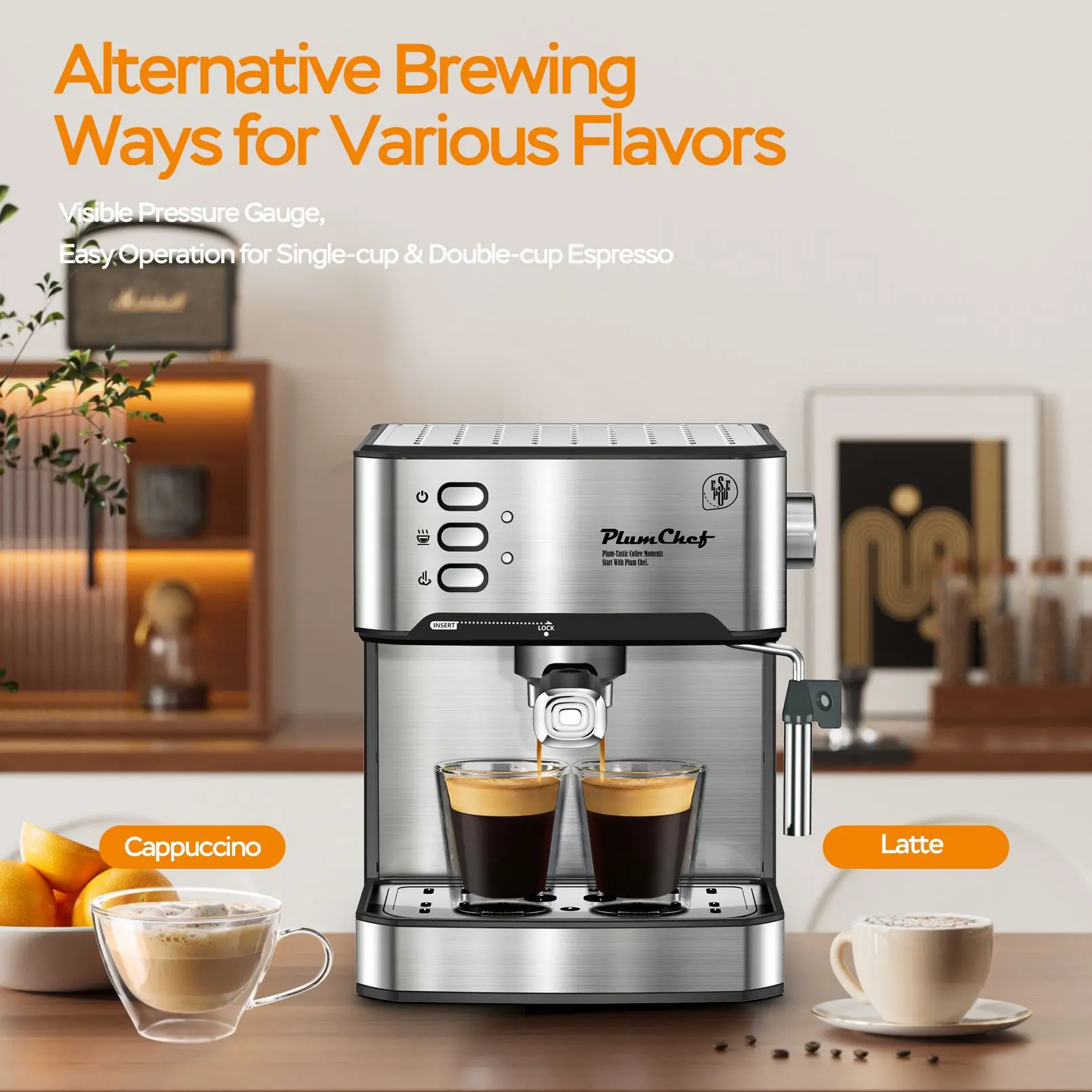 PlumChef Espresso Machine 20 Bar Professional Compact Homehold Coffee Espresso Maker with Milk Frother Steam Wand 54oz Water Tan - Image 6